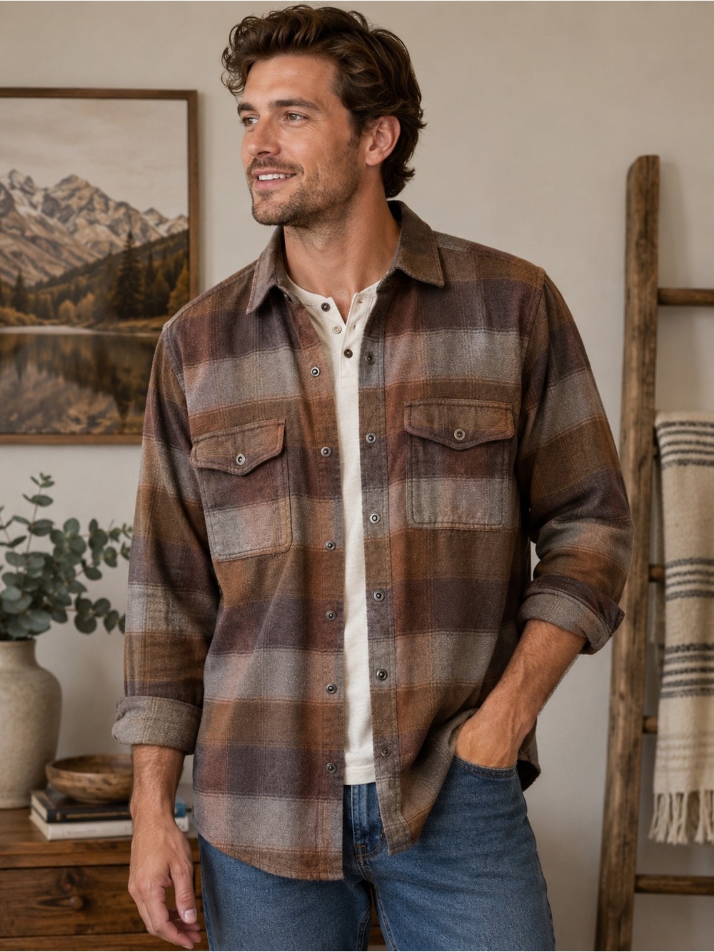 North River Men’s Plaid Flannel Shirt 100% Cotton Brown Gray Western Workwear M